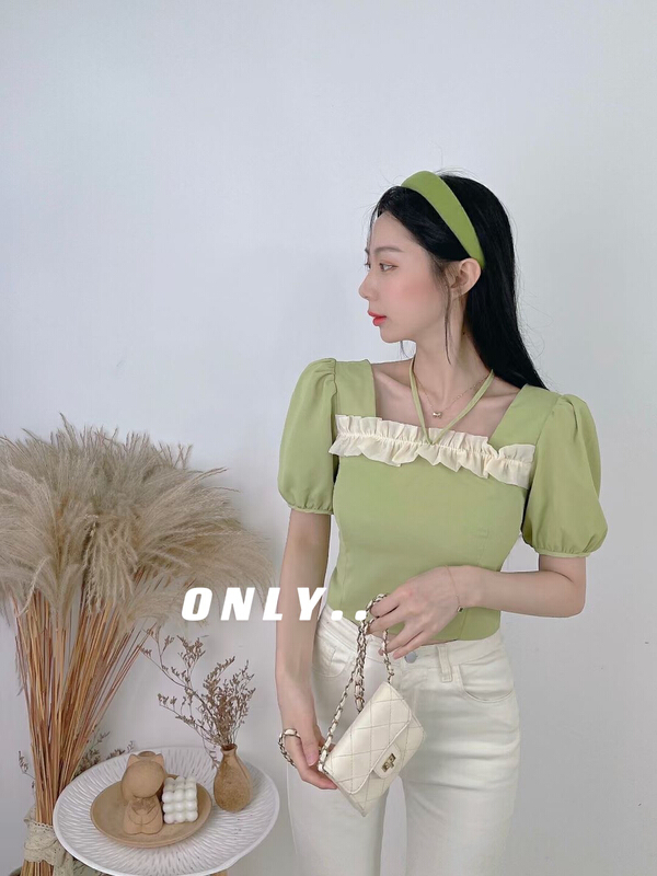 [only] square neck splicing bandage shirt 1878# JJ