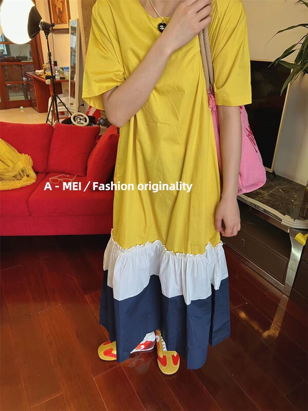 [A Mei Mei] color blocking crimp Pullover dress 22834# PCZ