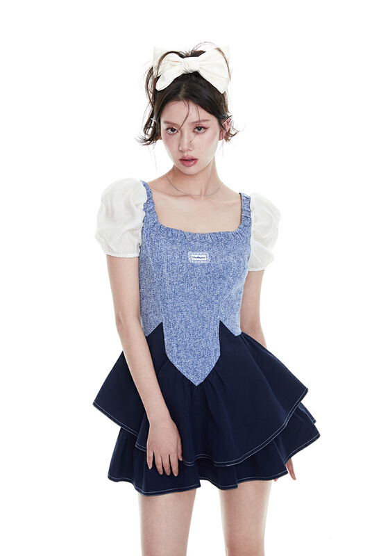 New in early summer! [L.L studio] new sweet square neck bubble sleeve cake dress + skirt suit 7616# PCZ