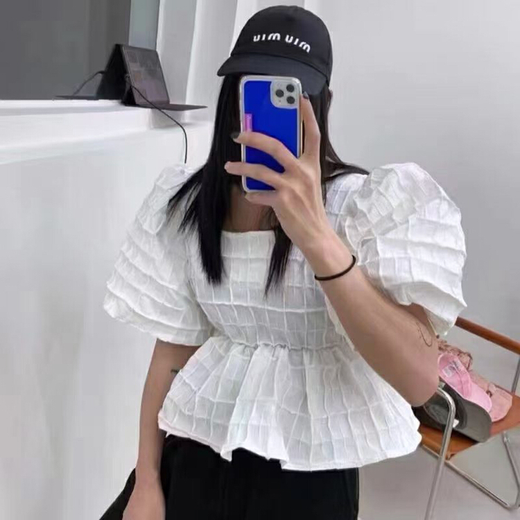goods in stock! New in early summer! [section of me] fashionable Korean style bubble sleeve waist closing blouse w1107# ozq