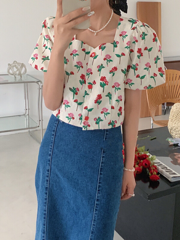 New in early summer! [ul-2] vintage floral style square neck shirt 6115# JJ