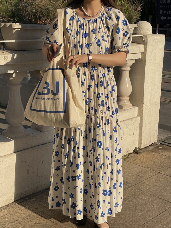 goods in stock! New in early summer! [on line] Korean small flower print layered bubble sleeve dress 8673# lwy