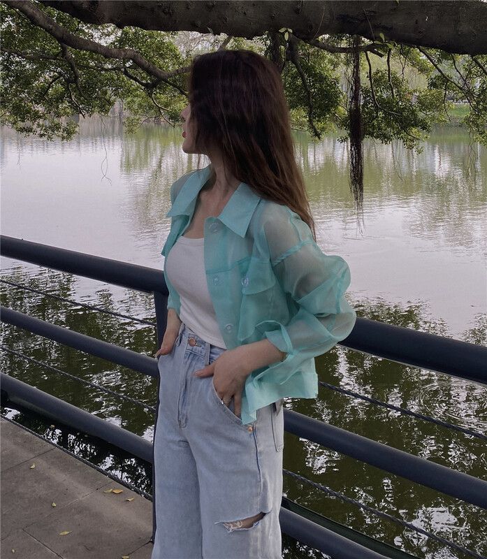 [semi vegetarian] Korean casual double pocket short sunscreen shirt v366# ZSY