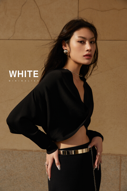 [white] sexy cross design V-neck versatile blouse 88163# XYJ