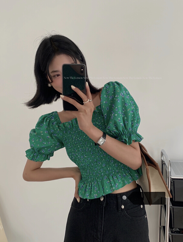 New in early summer! [lemon green tea] French style square neck floral blouse ys1-2103# hjy