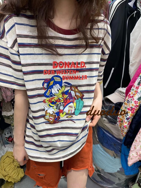 [dodo] Donald Duck print fashion stripe short sleeve T-shirt 2573# LSL