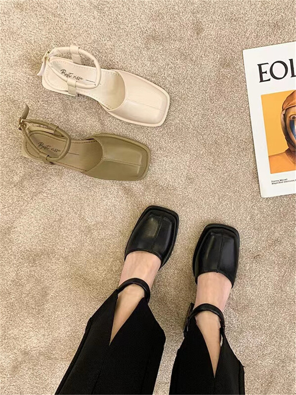 [DS. Gift] fashionable and versatile design sense of minority square head low flat heel shoes 5302# LSL