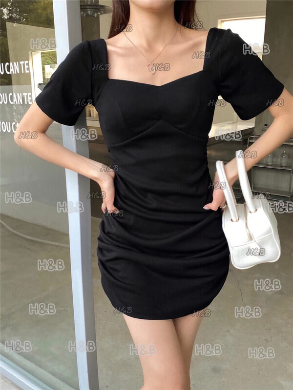 New year in early spring! [Hb] square neck side pleated solid color thin dress 8201# PCZ