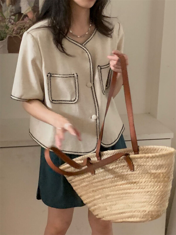 goods in stock! [C ony] Korean version small fragrance style color contrast edge short sleeved shirt c335-b2192# lwy