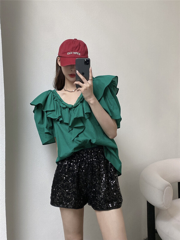 [modern 197] solid color crimp pullover shirt 61019# GYJ