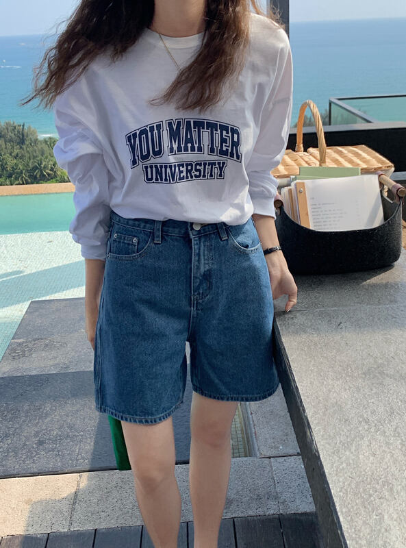 [meet me] retro basic versatile high waist slim straight quarter denim shorts ys-6958# ll