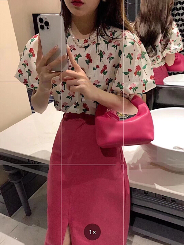 New in early summer! [Kiki] bubble sleeve floral blouse + temperament slim skirt suit 1286# ozq