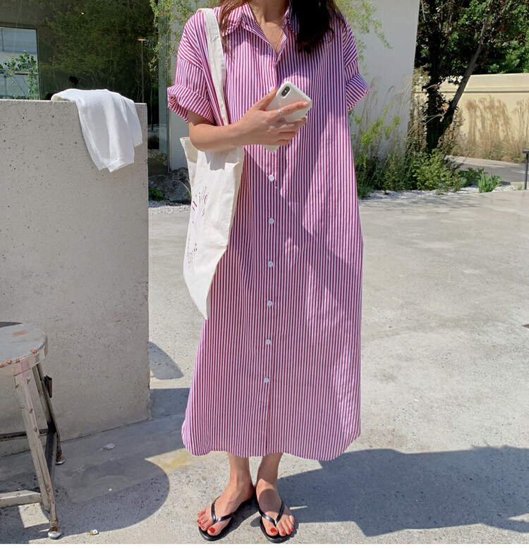 New in early summer! [baerman] stripe loose short sleeve long dress a9368# HBx