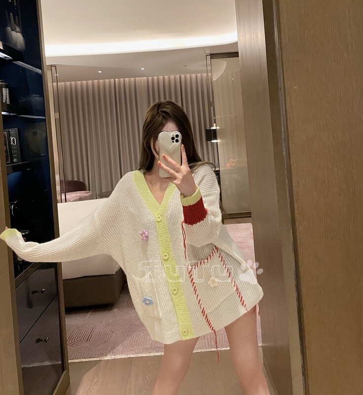 [Tutu] Korean color contrast design flower lazy style knitted cardigan a2913\cqw