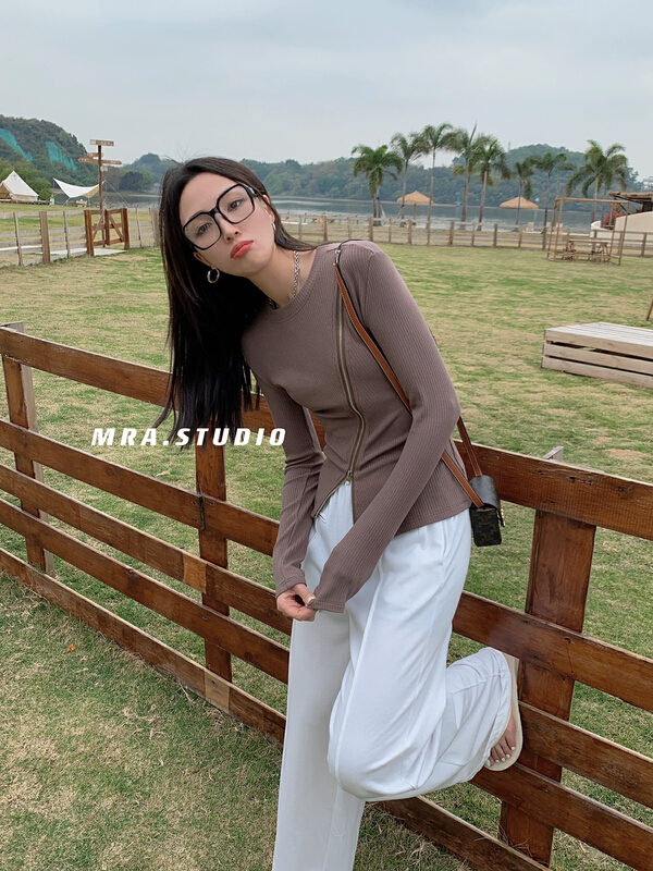 Original price 66.55! New year in early spring! [MRA] careful machine design inclined zipper slim slim fitting blouse j2137# zxl