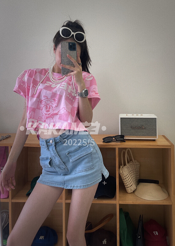 [kakamee] personalized Mickey checkerboard loose short sleeve T-shirt 3955# LSL