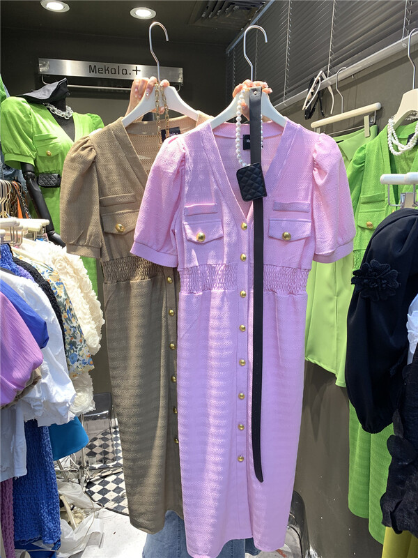 [Mikala] Korean V-neck breasted bubble sleeve dress (with belt) ys1-902# PCZ