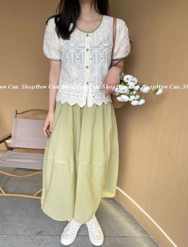 [I-D] Korean lace shirt + elastic waist skirt suit ys6051# ll