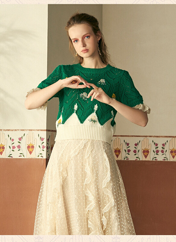 New in early summer! [iris] crew neck embroidery stitched lace Pullover Sweater 2-9# JJ