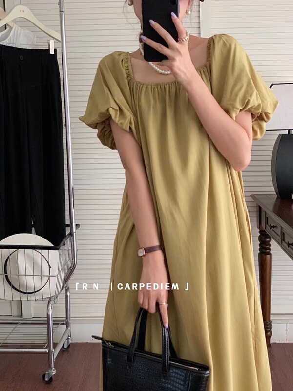 [R n] Korean French retro square neck pleated one shoulder dress 81039# ll