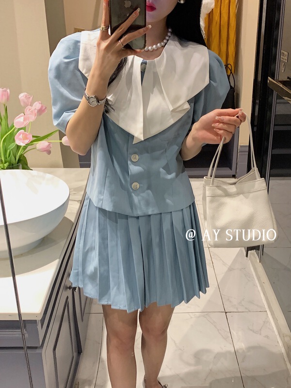 [ay studio] Korean version of ladies' small fragrance style blouse + high waist pleated skirt set 66847# zxx