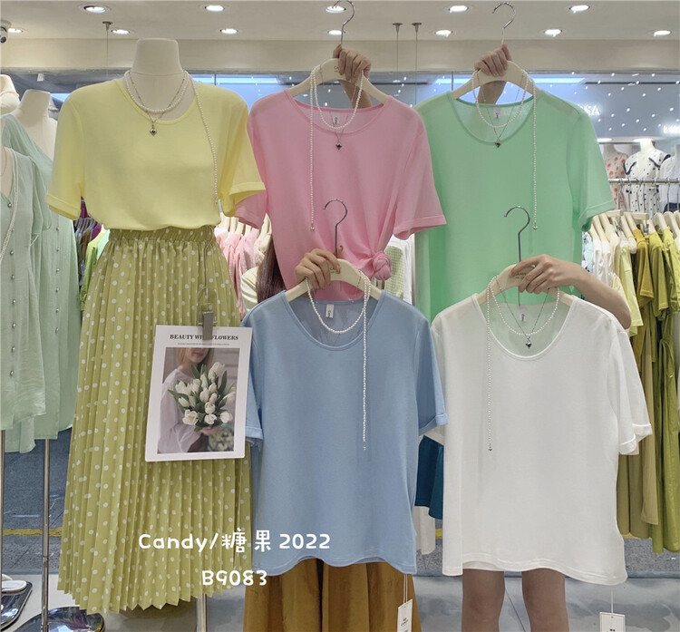 [candy] Korean round neck clean short sleeve T-shirt (with pearl chain) 9083# zjy