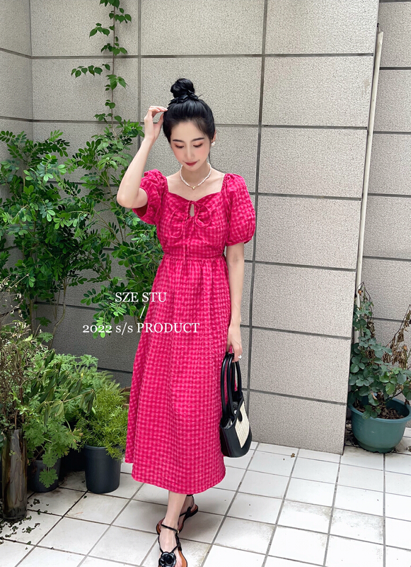 【SZE】設計感泡泡袖格子連衣裙  60082#  ZXX