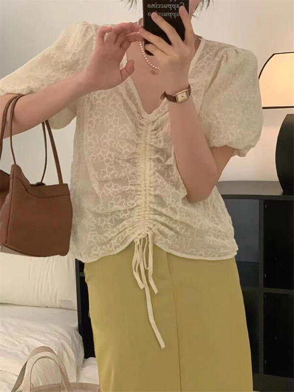 [Wo +] Korean versatile drawstring ins shirt 22586# zxx