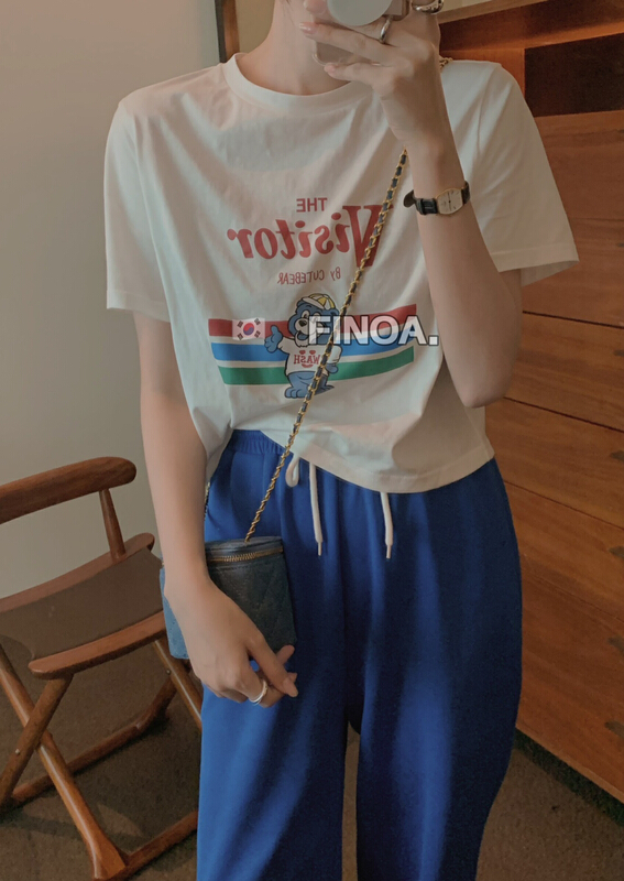 New in early summer! [finoa] Korean simple cartoon printed short navel exposed short sleeve T-shirt 10397# CLS