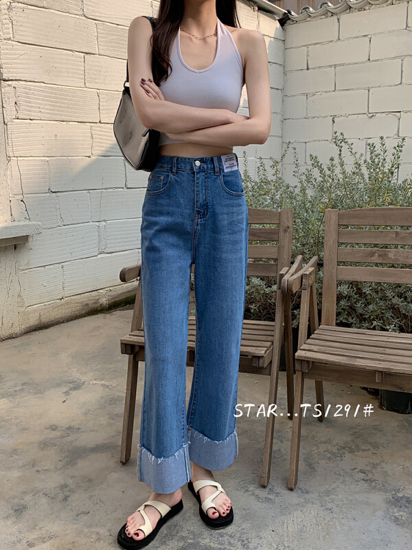 Original price 108.99! New year in early spring! [star] Korean version simple flanging large straight jeans ts1291# CLS