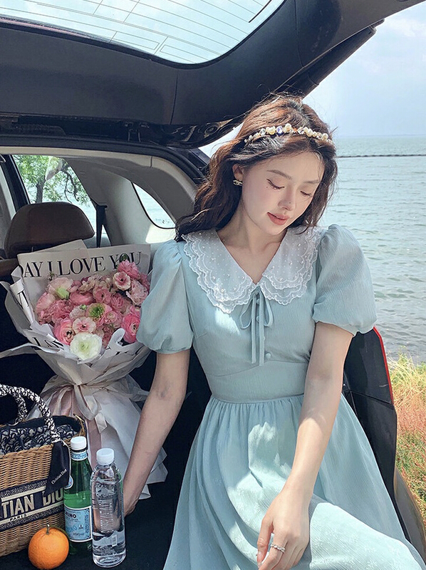 New in early summer! [LML] fashion temperament bubble sleeve waist closing dress 9549# ozq