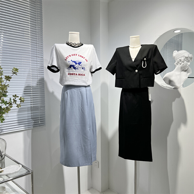 [hi candy] V-neck one button short coat + temperament slim fit slit skirt suit 7175# lwy