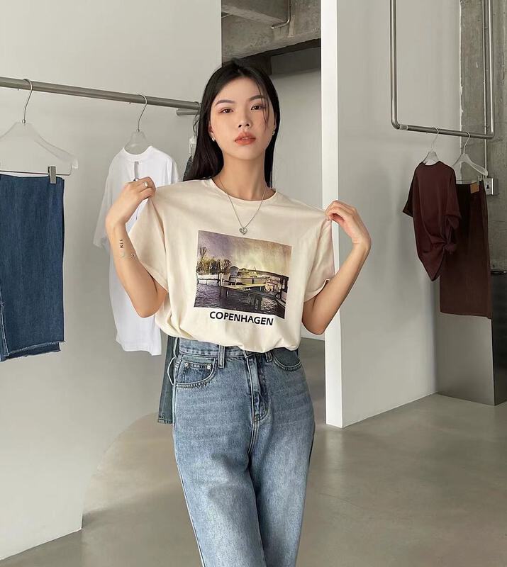 New in early summer! [road front] graphic print loose short sleeve T-shirt w8022# zxl