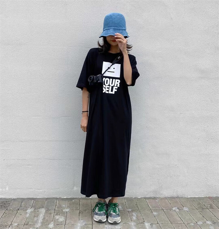 New in early summer! [one seven] Korean round neck loose long letter short sleeve dress t6369# LSL