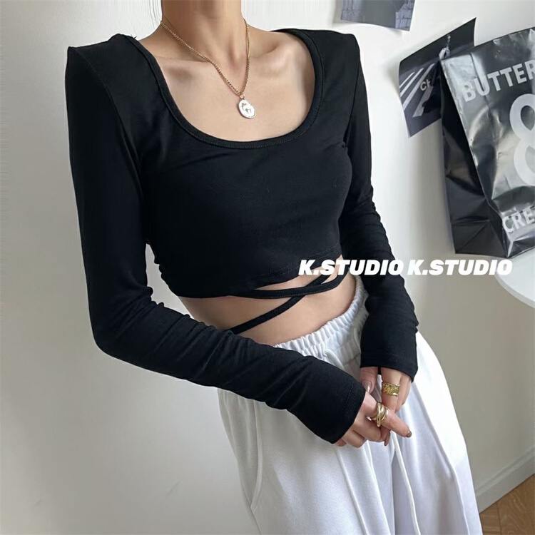 New year in early spring! [Kim studio] bandage round neck Pullover long sleeve T-shirt 3160# WTT