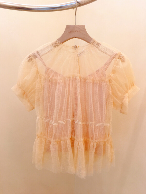 [Cupertino] French round neck bubble sleeve blouse + suspender vest set 6024# WPL