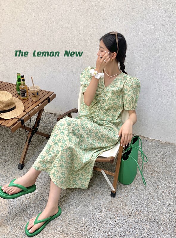 [lemon green tea] Korean V-neck drawstring pleated floral dress 2155# hjy