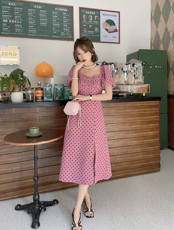 [J2. J1wg] French square neck wave point dress 22135# cqw