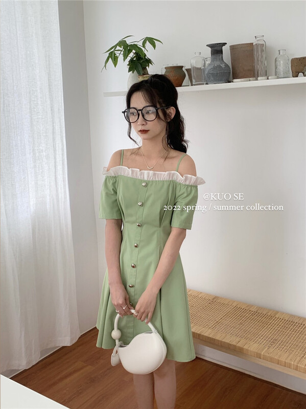 [kuose koser] fashion off shoulder patchwork breasted dress 89886# WPL