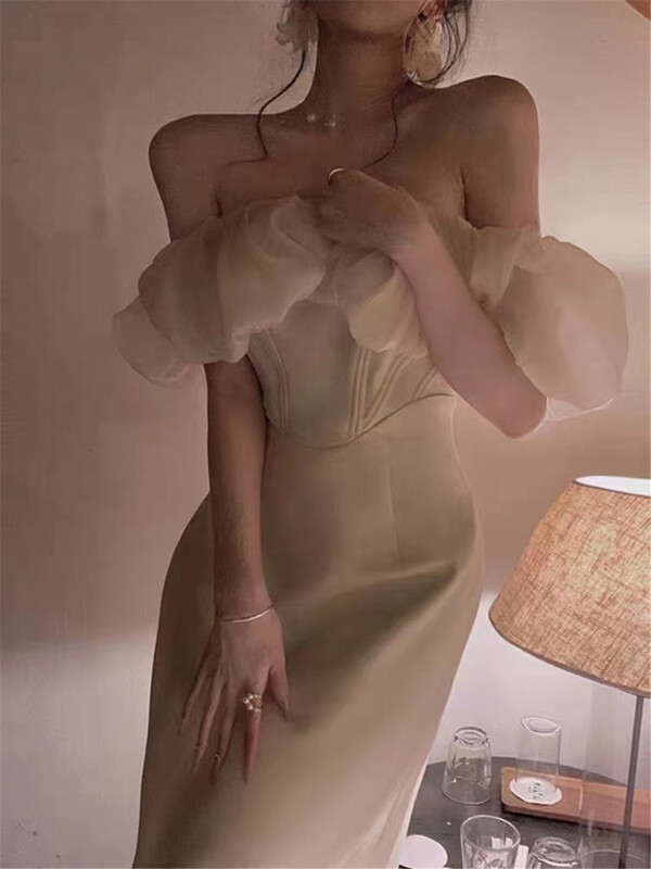 [tangtangtangjia] sexy gauze straight neck slim fitting dress 2863# PCZ