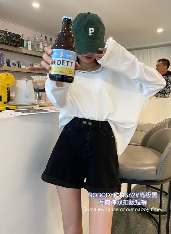 New in early summer! [pour one] universal elastic double button version a versatile denim shorts f1562# L