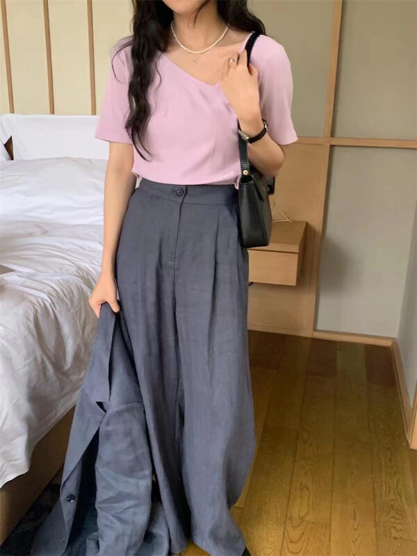 [e + 1] solid color loose irregular short sleeve T-shirt b203# ZSY