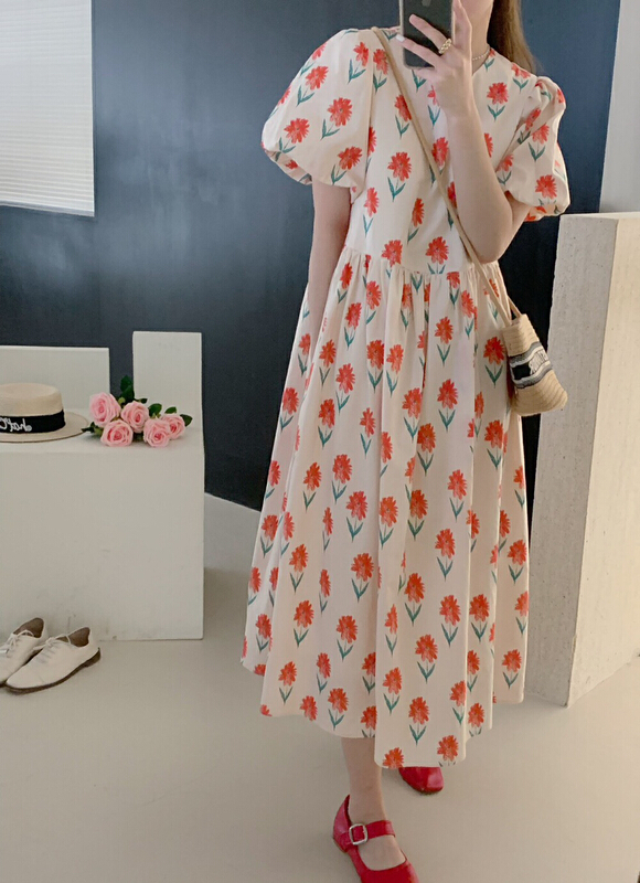 [tototellme] Korean floral loose bubble sleeve dress (with waist rope) 20492# HBx