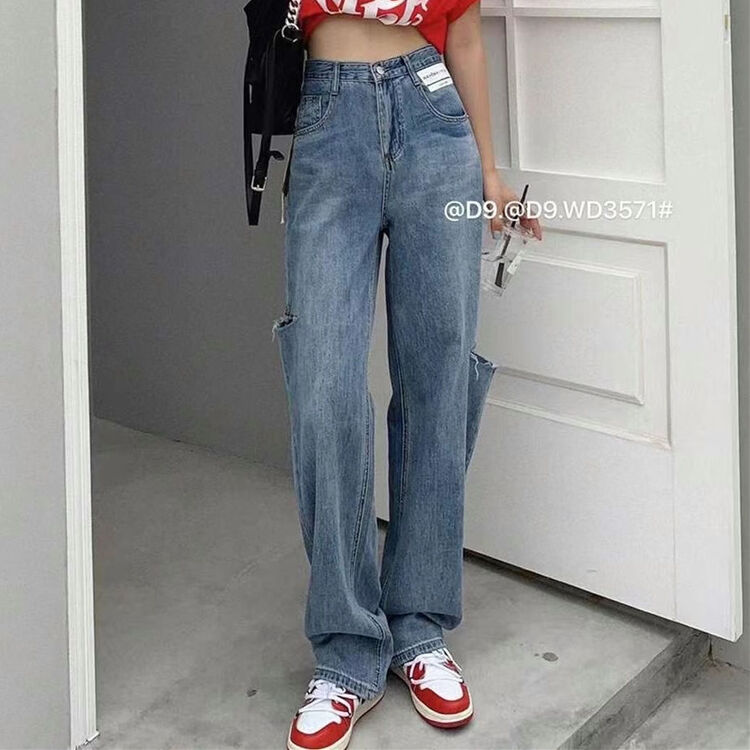 New in early summer! [x2 square] Korean versatile straight hole jeans 3571# ll