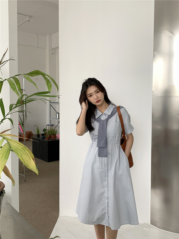 New in early summer! [woo woo shop] Korean fashion single breasted short sleeved fake two piece waist closing dress 32828# WPL