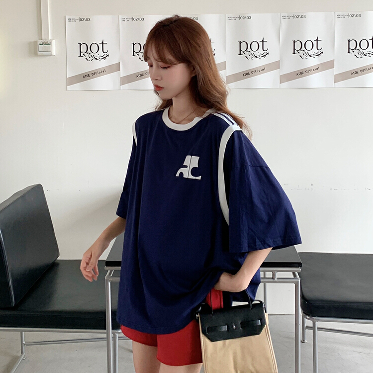 [ycnana] contrast embroidery Pullover short sleeve T-shirt 83898# LSW