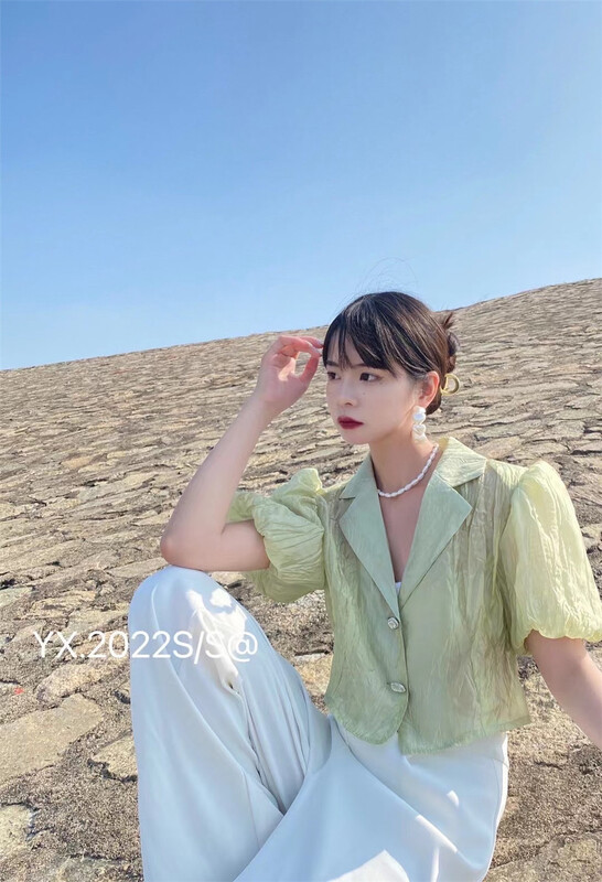 [YX] Lapel versatile bubble sleeve short shirt 2207# zjy