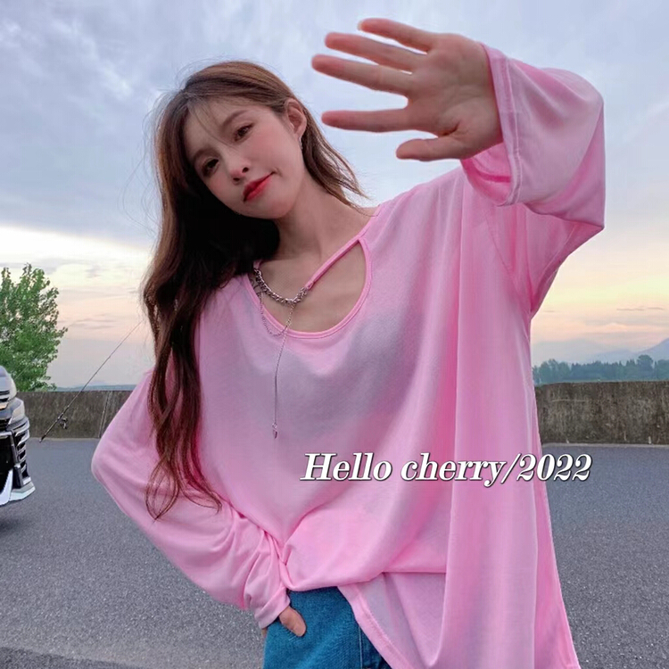 [Hello cherry] design sense solid color loose sunscreen shirt (with chain) 141# WTT