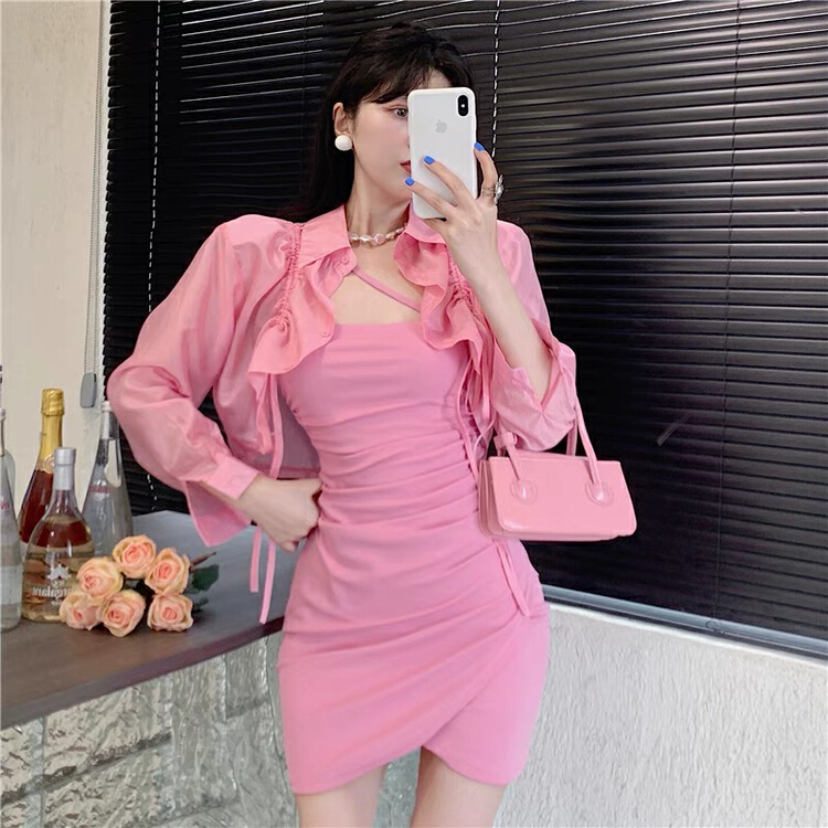 [Huaxi] small sexy diagonal belt slim wrap hip suspender skirt + sunscreen shirt suit 9012# PCZ