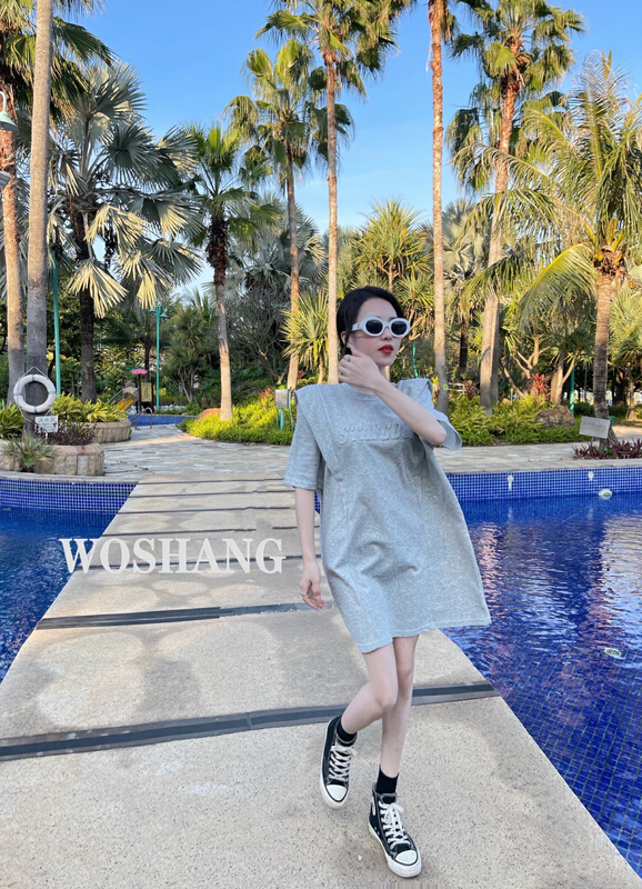 New in early summer! [woshang woshang] fashion brand letter loose dress (with waist rope) 1191# XYJ